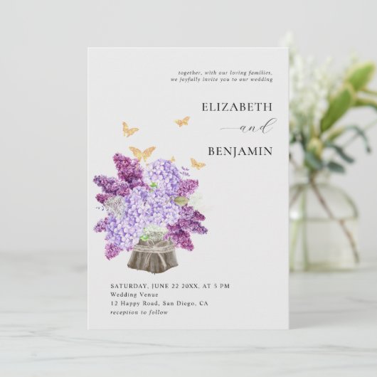 Invitation Mariage Boho en or à papillon Lilac Hydrangea Rust (Debout devant)