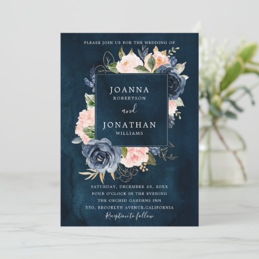 Invitation Mariage Boho en or bleu bleu bleu rose marine (Debout devant)