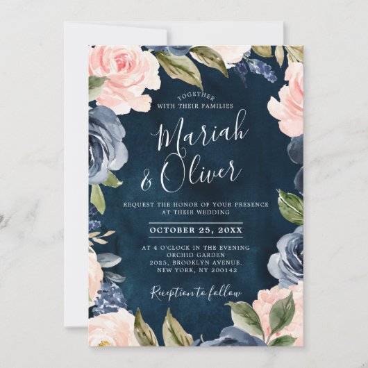 Invitation Mariage Boho en or bleu bleu bleu rose marine (Devant)