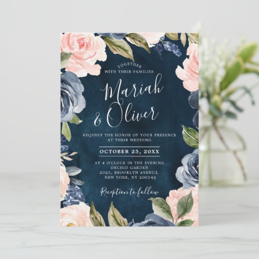 Invitation Mariage Boho en or bleu bleu bleu rose marine (Debout devant)