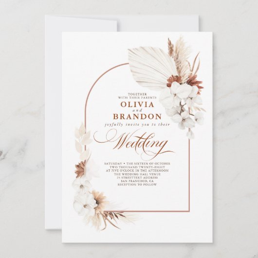 Invitation Mariage Boho en terre cuite et orchidée blanche (Devant)