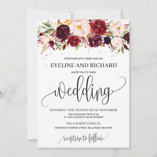 Invitation Mariage boho fleuri marsala rustique moderne (Devant)