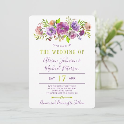 Invitation Mariage Boho fleuri violet vert printemps (Debout devant)