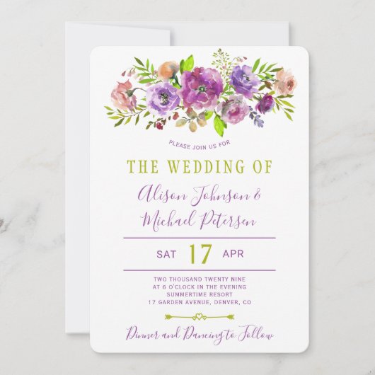 Invitation Mariage Boho fleuri violet vert printemps (Devant)