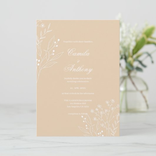 Invitation Mariage Boho Floral Blanc Beige Corner (Debout devant)