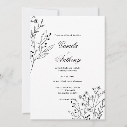 Invitation Mariage Boho floral noir et blanc (Devant)