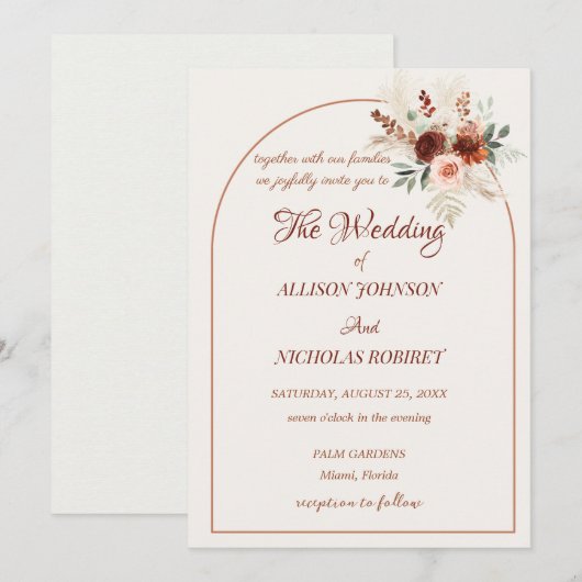 Invitation Mariage Boho floral pumpas (Devant / Derrière)