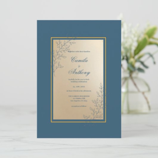 Invitation Mariage Boho floral rectangle or Marine (Debout devant)