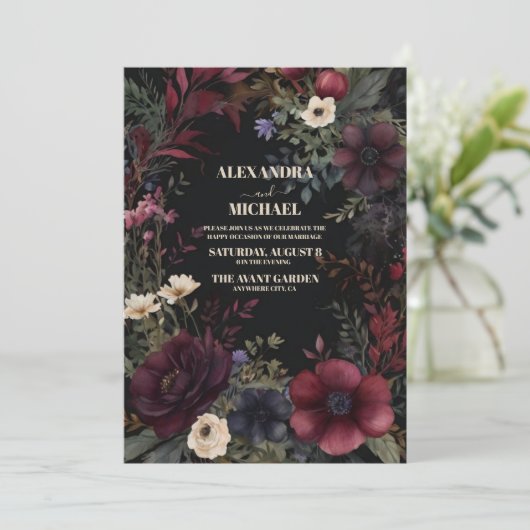 Invitation Mariage Boho moderne de Bourgogne noire (Debout devant)