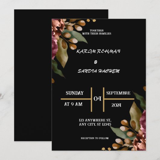 Invitation Mariage Boho moderne de la Bourgogne noire et de l (Devant / Derrière)