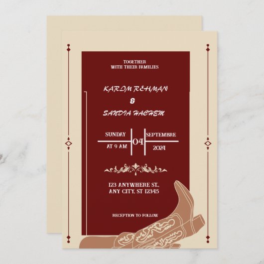 Invitation Mariage Boho moderne de la Bourgogne noire et de l (Devant / Derrière)