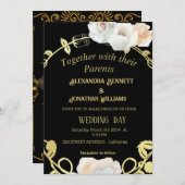 Invitation Mariage Boho moderne Floral Noir et Or (Devant / Derrière)