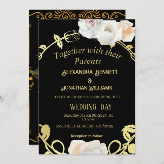 Invitation Mariage Boho moderne Floral Noir et Or (Devant / Derrière)