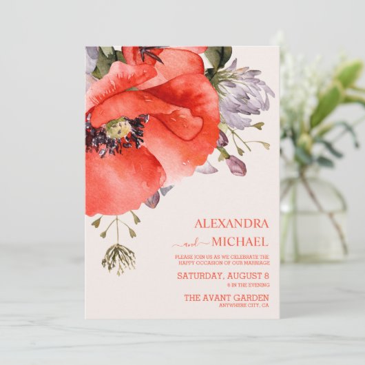 Invitation Mariage Boho Neutral Aquarelle Poppies (Debout devant)