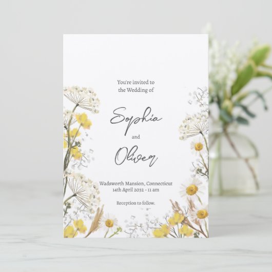 Invitation Mariage Boho Neutre Fleur sauvage Jaune (Debout devant)