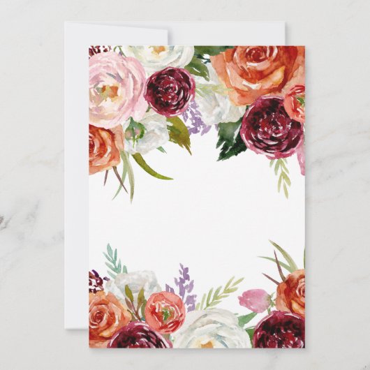 Invitation Mariage Boho | Orange bordeaux et fleurs blanches (Dos)