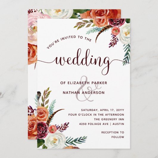 Invitation Mariage Boho | Orange bordeaux et fleurs blanches (Devant / Derrière)