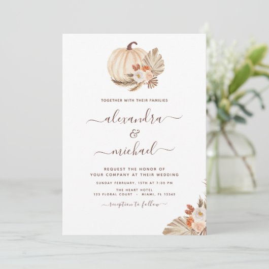 Invitation Mariage Boho Pampas Grass Citrouille blanc (Debout devant)