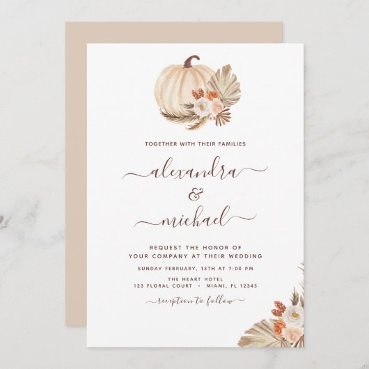 Invitation Mariage Boho Pampas Grass Citrouille blanc (Devant / Derrière)