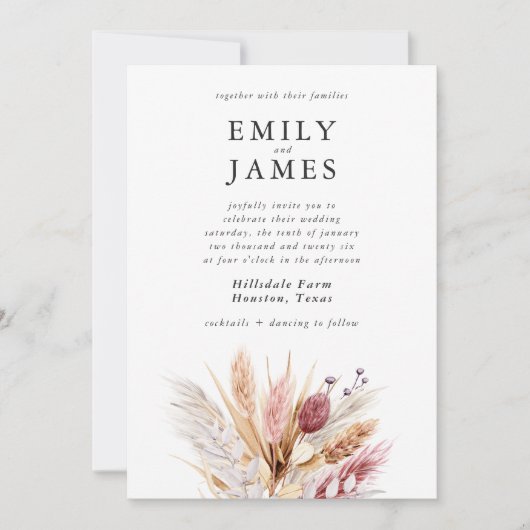 Invitation Mariage Boho Pampas Pampas rose moderne (Devant)