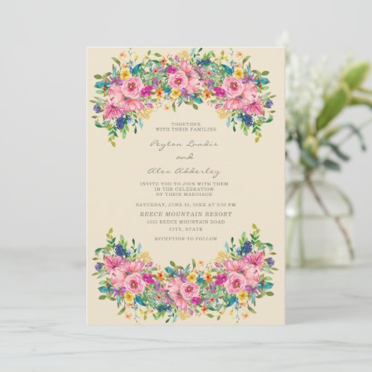 Invitation Mariage Boho rose bleu jaune Fleurs (Debout devant)