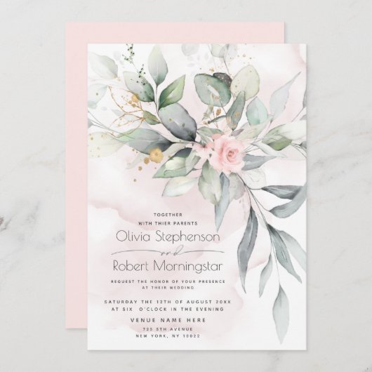 Invitation Mariage | Boho Rose Boho vert bois (Devant / Derrière)