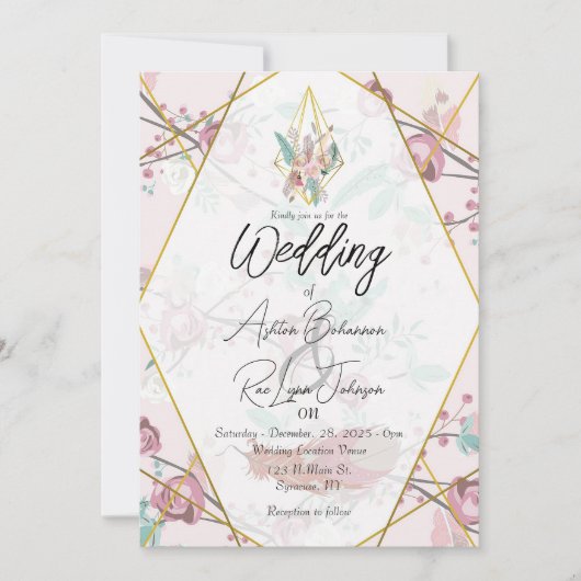 Invitation Mariage Boho rose personnalisable (Devant)