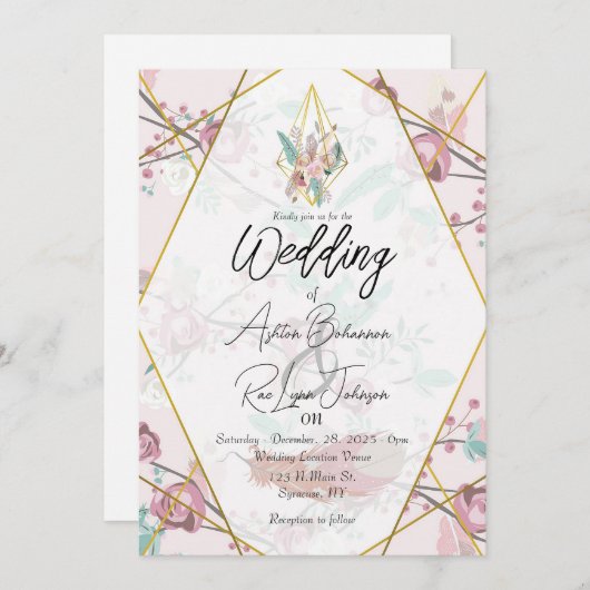 Invitation Mariage Boho rose personnalisable (Devant / Derrière)