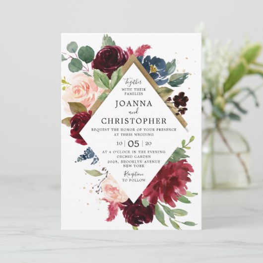 Invitation Mariage Boho rose rose rose bleu marine (Debout devant)