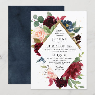 Invitation Mariage Boho rose rose rose bleu marine