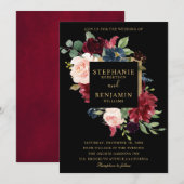 Invitation Mariage Boho Russe Floral de la Marine Rouge de Bo (Devant / Derrière)