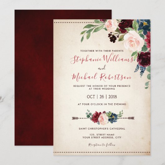 Invitation Mariage Boho Russe Floral de la Marine Rouge de Bo (Devant / Derrière)