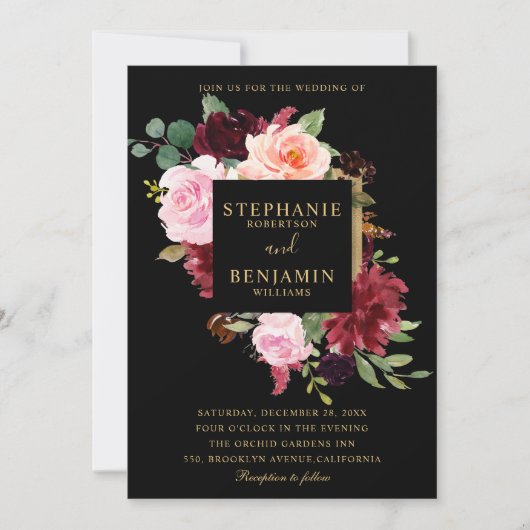 Invitation Mariage Boho Russe Floral de la Marine Rouge de Bo (Devant)
