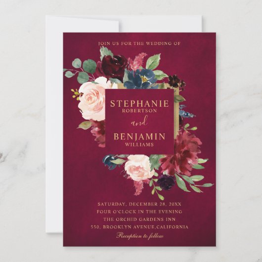 Invitation Mariage Boho Russe Floral de la Marine Rouge de Bo (Devant)