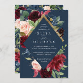 Invitation Mariage Boho Russe Floral de la Marine Rouge de Bo (Devant / Derrière)