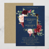 Invitation Mariage Boho Russe Floral de la Marine Rouge de Bo (Devant / Derrière)