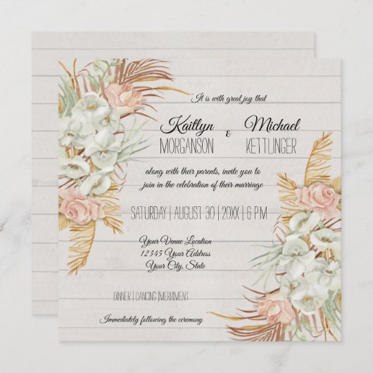 Invitation Mariage BOHO Rustic Floral Pampas Palm Foliage (Devant / Derrière)