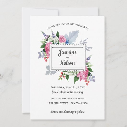 Invitation Mariage Boho Rustic Rose Lavande Blanche Fleurs (Devant)