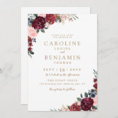 Invitation Mariage boho rustique bordeaux aquarelle (Devant / Derrière)
