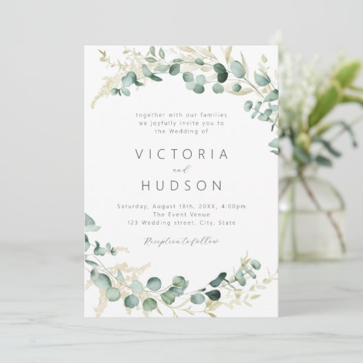 Invitation Mariage boho rustique eucalyptus vert (Debout devant)