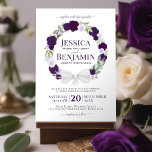 Invitation Mariage Boho rustique violet fleuri<br><div class="desc">Ces belles invitations de mariage présentent un design rustique simple avec une couronne de roses aquarelles peints à la main dans des tons de violet poussiéreux, prune, lavande, lilas et violet. Le texte présente une typographie élégante avec une utilisation soignée de la calligraphie de script. Le fond est d'une couleur...</div>