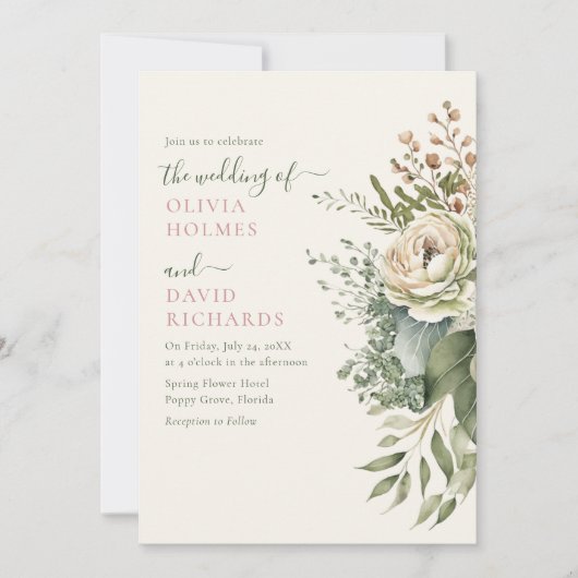 Invitation Mariage Boho Sage Green et Ivory Widlflowers (Devant)