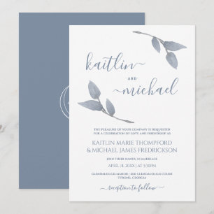 Invitation Mariage Boho Vignes Feuilles Simples Bleu Poussiér