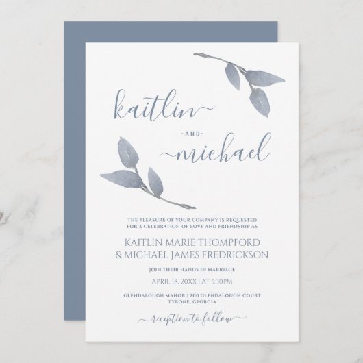 Invitation Mariage Boho Vines Simple Feuille Dusty Blue (Devant / Derrière)
