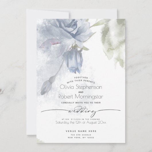 Invitation MARIAGE | Boho Watercolor Dusty Blue Rose (Devant)