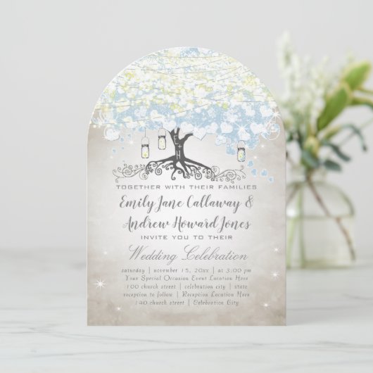 Invitation Mariage Boho Woodsy Boho en bleu et argent (Debout devant)