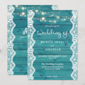 Invitation Mariage Bois Bleu & Dentelle & Guirlande Lumineuse (Devant / Derrière)