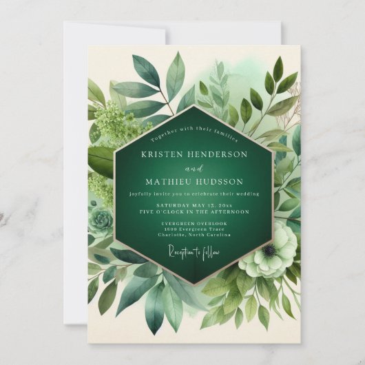 Invitation Mariage Bois Botanique Émeraude (Devant)