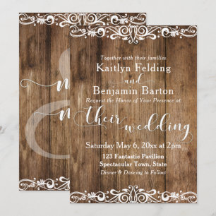 Invitation Mariage Bois Brun Rustique avec Rinceaux en Dentel