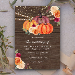 Invitation Mariage Bois Citrouille Floral Bourgogne Orange Br